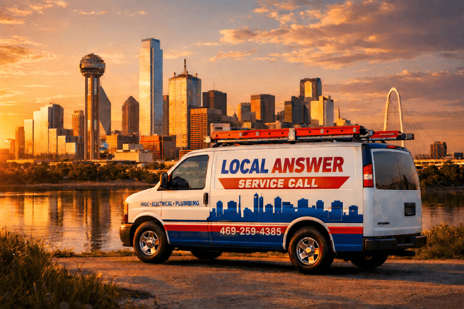 Local Answer service van with Dallas skyline